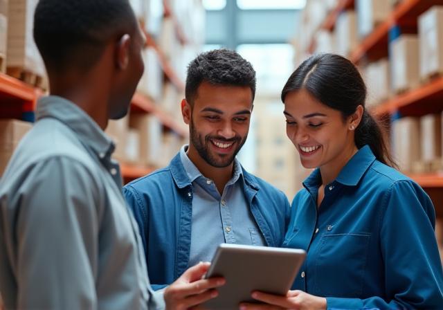 Logistics team coordinating freight delivery with smiles