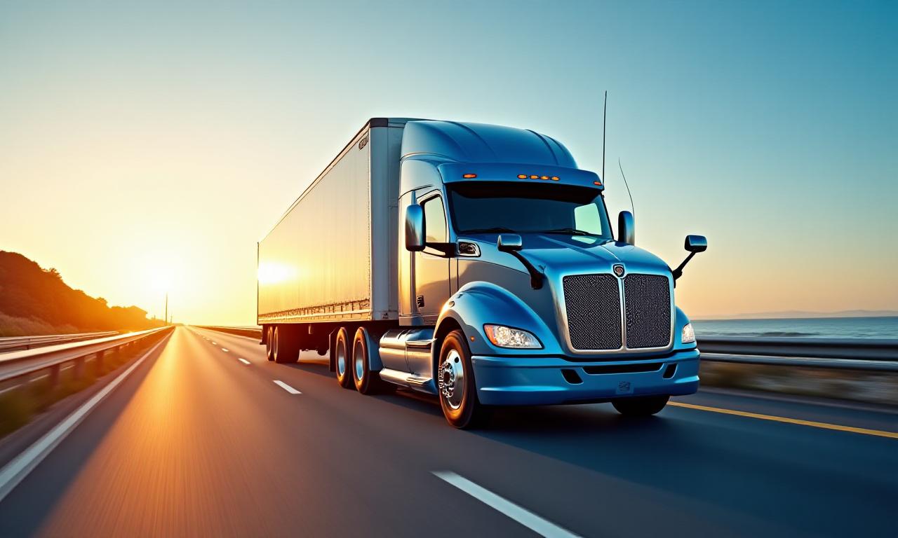 Heavy duty cargo truck traveling on a scenic highway
