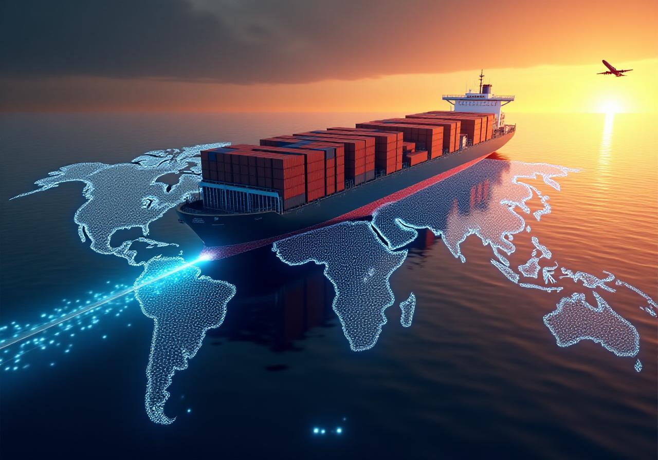 Global logistics network visualization with cargo ship and plane